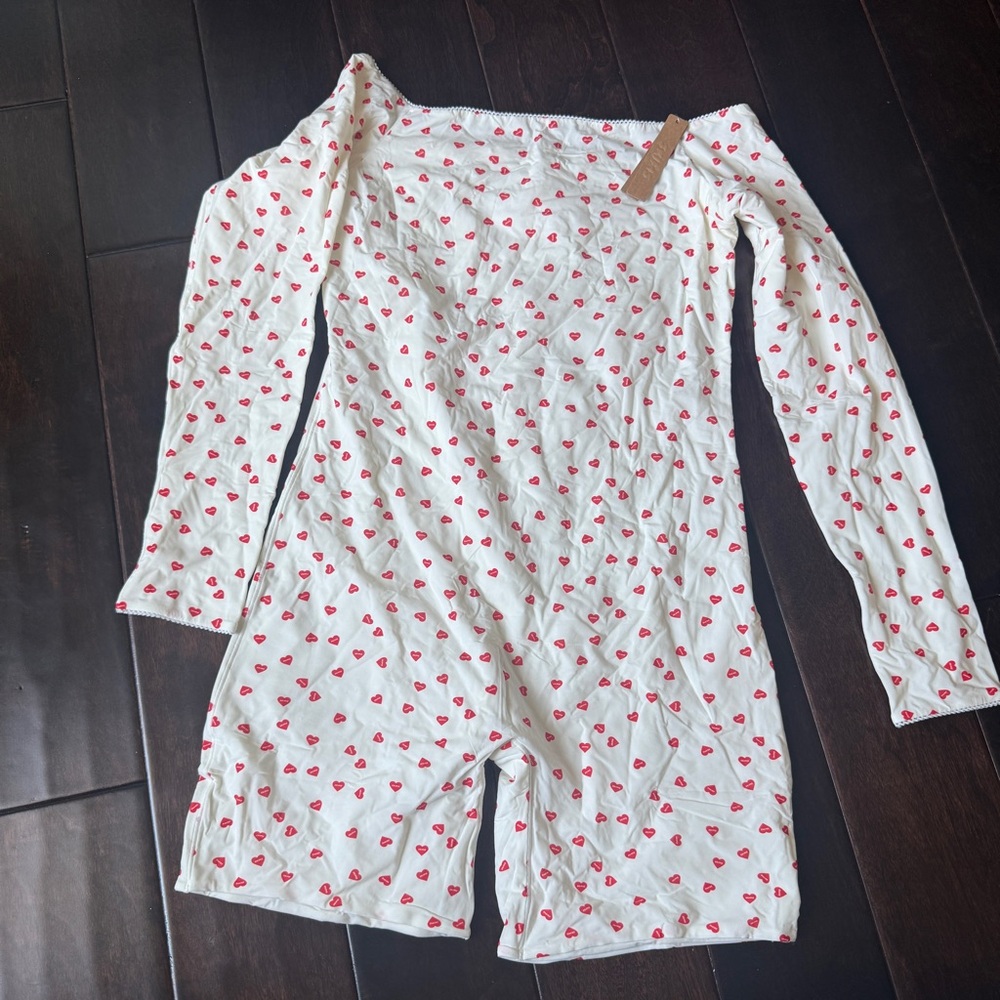 SKIMS Limited Edition White Short Romper with Red Heart Print